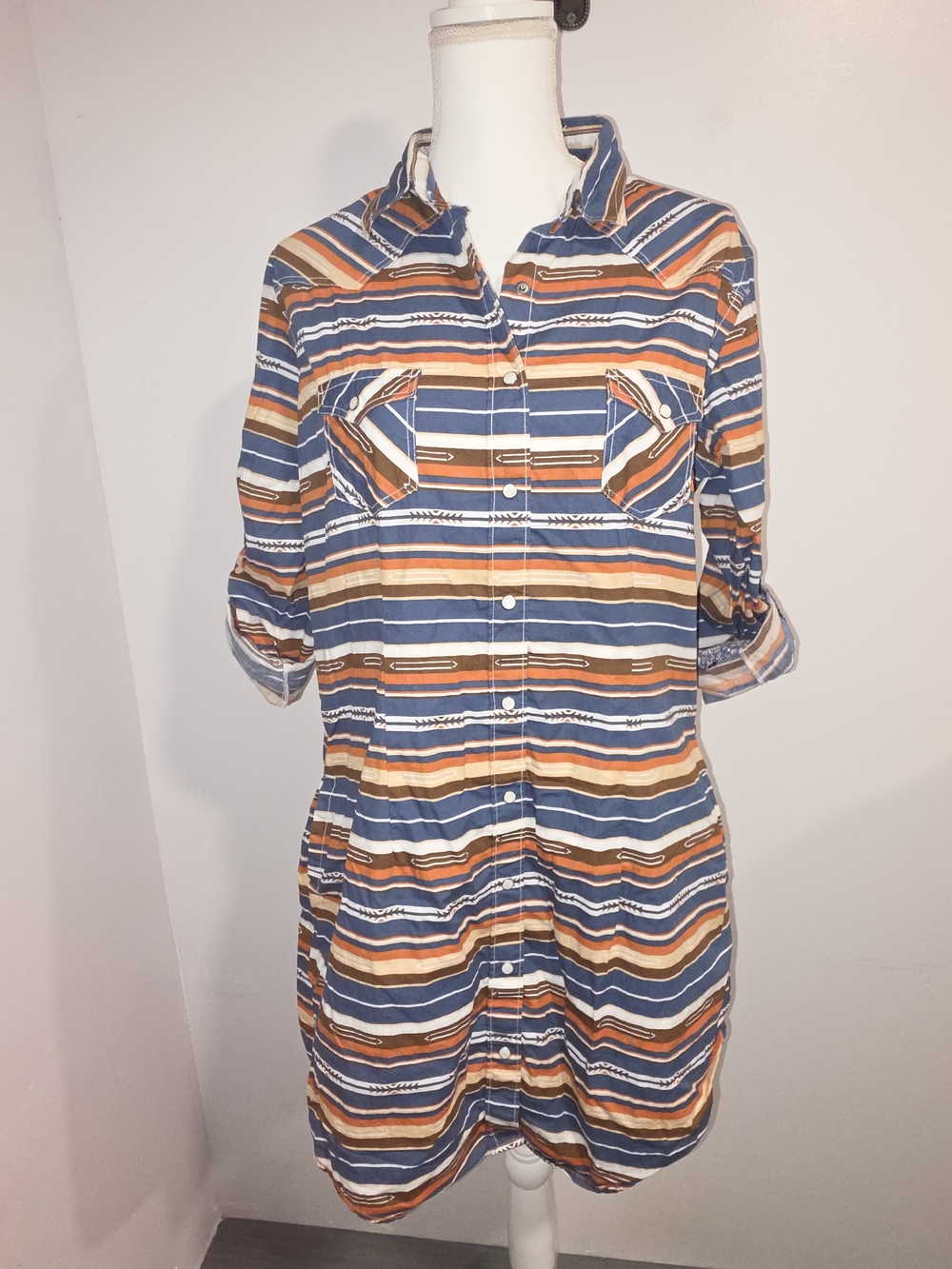 Panhandle Rough Stock Striped Long-Sleeve Western Style Button Down Dress Size L